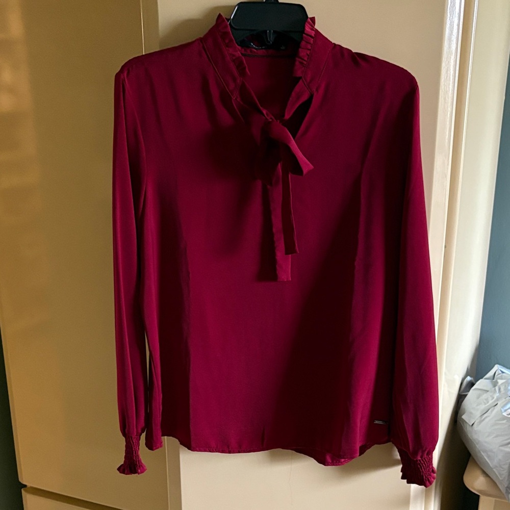 Tahari Deep Red Blouse with Tie-Neck